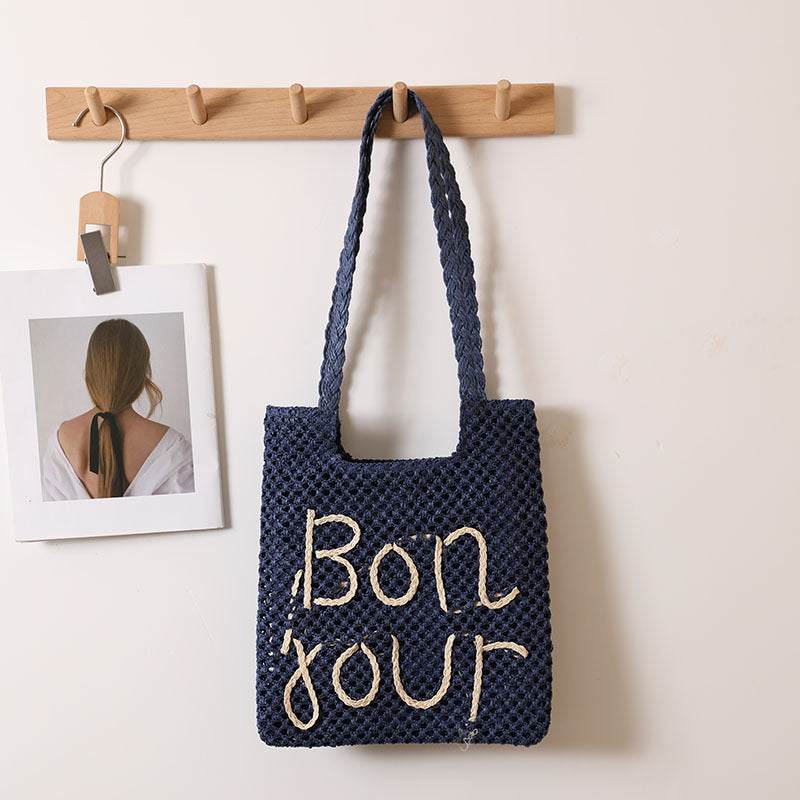 Buchstaben-Grafik-Stickerei One-Shoulder-Strohtasche Ausgehöhlte Strohtasche Gewebte Tasche Urlaub Strandtasche Damentasche