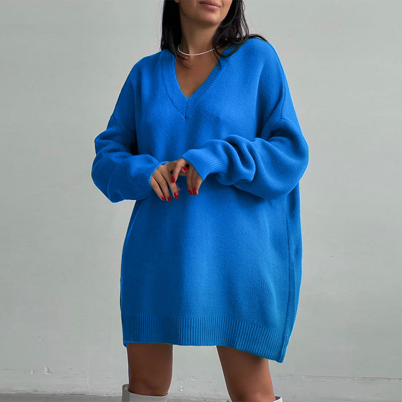 Herbst Winter Langarm V-Ausschnitt Lässiger Locker Gestrickter Pullover Langes Strickkleid Strickwaren Für Damen