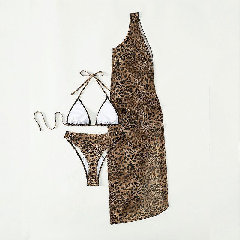 Sexy Leopardenmuster One-Shoulder High Waist Dreiteiler Mesh Maxikleid Badeanzug Bikini