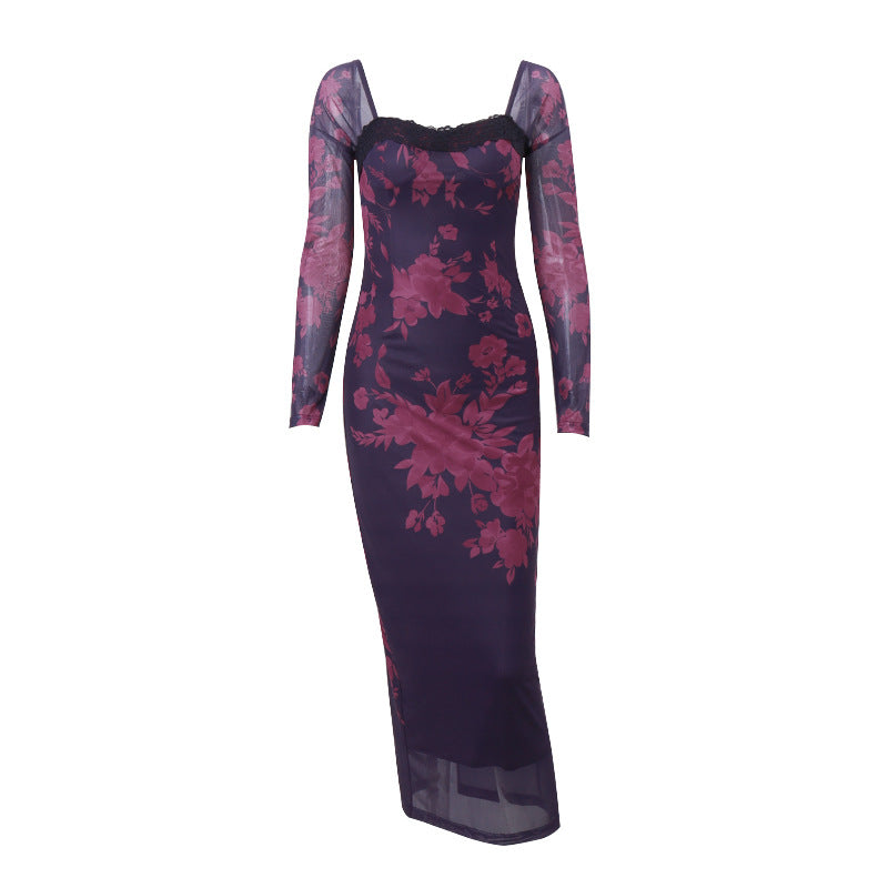Damenbekleidung Herbst Sexy Vintage Bedrucktes Spitzenkleid mit Bindeband und Schlitz, schmal geschnitten, Langarm für Damen