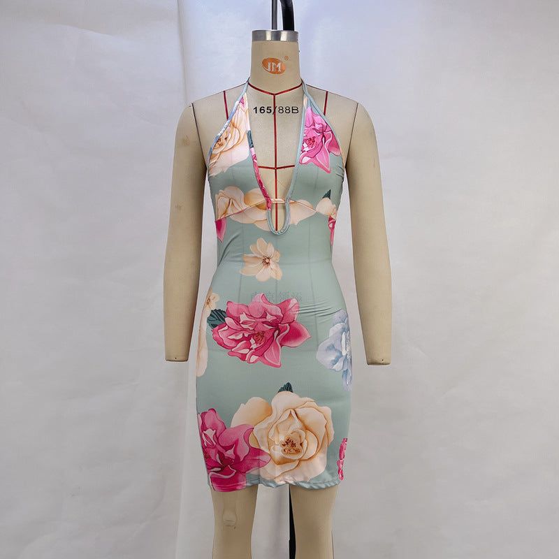 Damenbekleidung Sommer Sexy tiefer V-Ausschnitt Neckholder zum Schnüren rückenfreies Hüft-Spaghettiträger-Kleid Damen