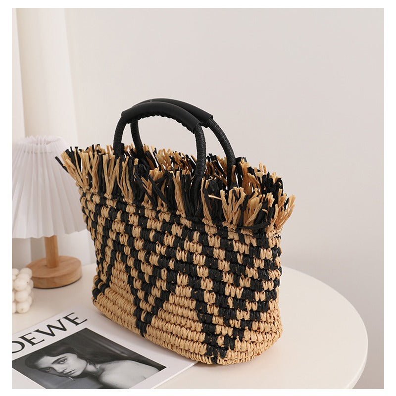 Sac de paille à bords lâches, sac tissé portable à bords lâches de couleur assortie, sac de plage pour les vacances à la mer, sac pour femme