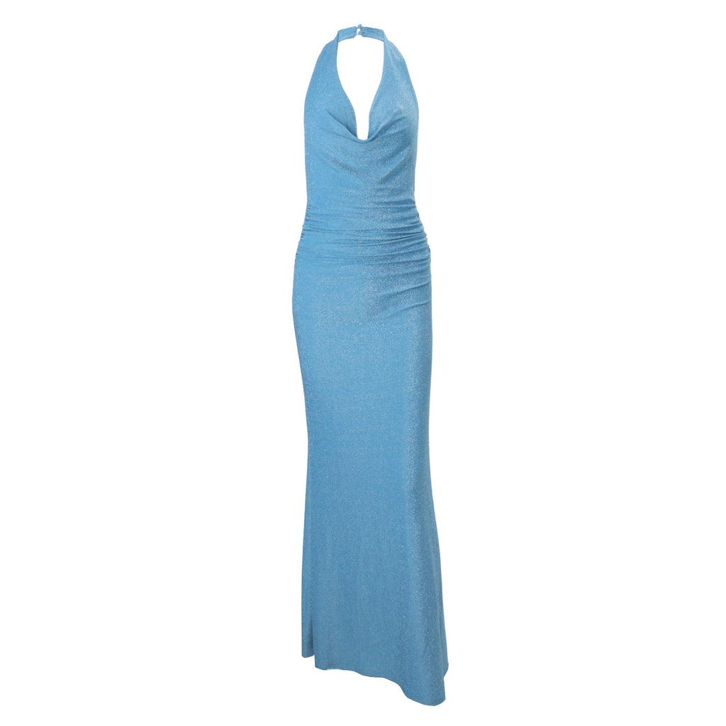 Herbst Damenbekleidung Sexy Neckholder Trägerlos Schwingkragen Einfarbig Hohe Taille Schmale Hüfte Langes Kleid