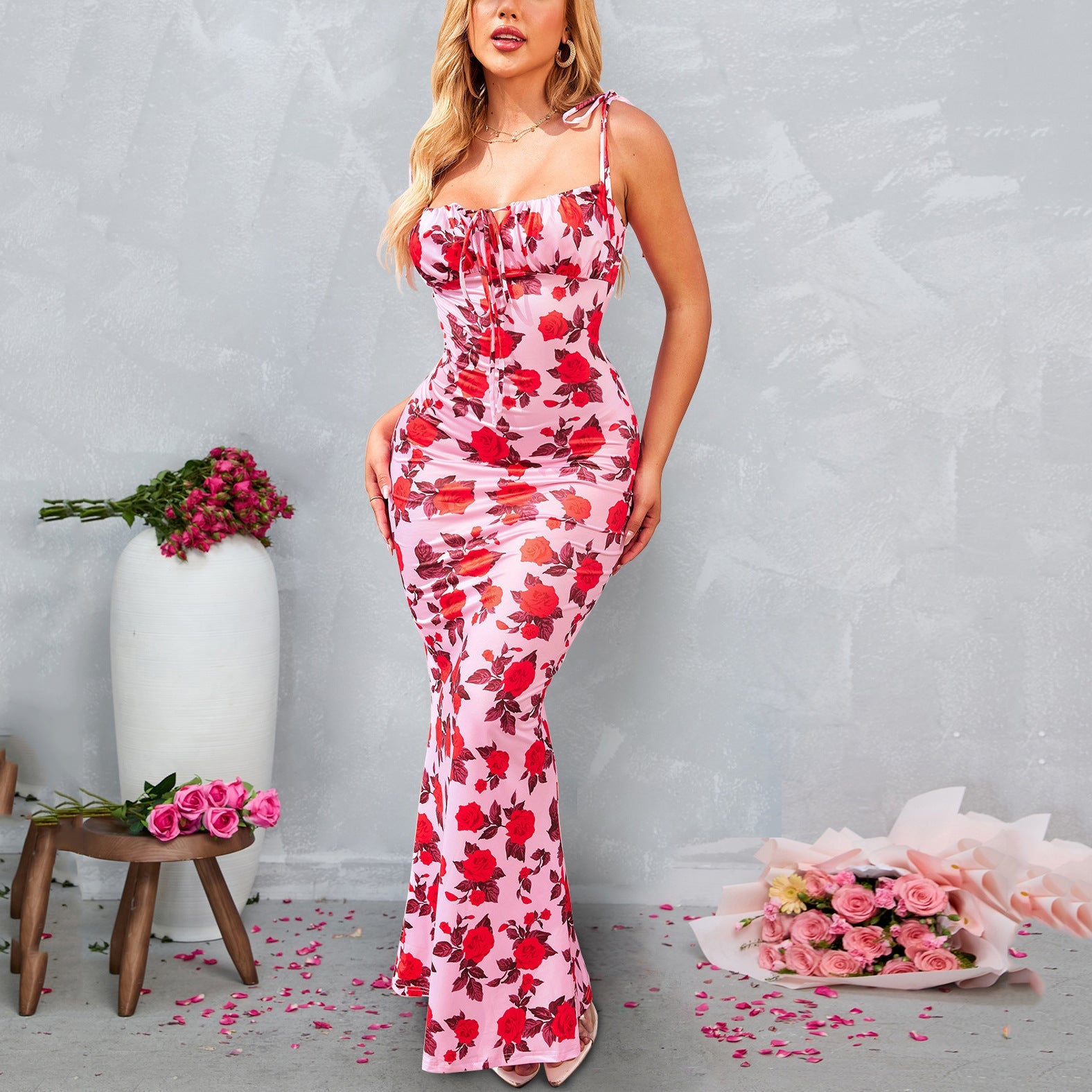 Robe en soie de lait sexy imprimée à lacets dos nu fourreau moulant bretelles queue de poisson