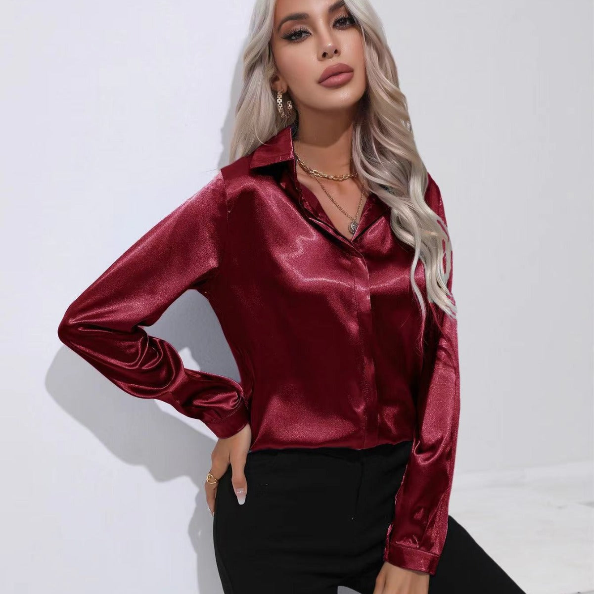 Ein-Knopf-Satinbluse Büro Langarmhemd Frühling Sommer Loose Top Damenbekleidung