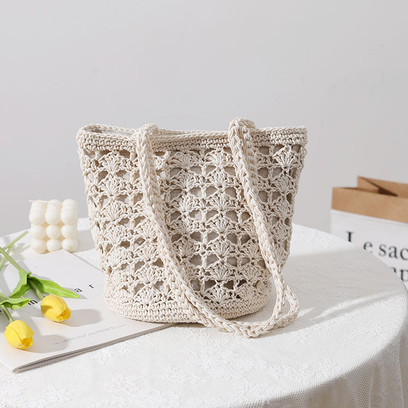 Korean Hollow Out Cutout Cotton Thread Hand Woven Bag Chi Elegant One Shoulder Portable Straw Weaved Bag Seaside Vacation Beach Bag