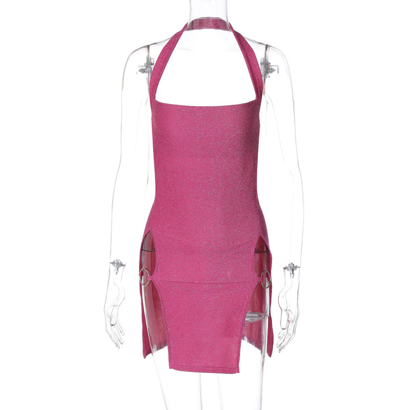 Robe Courte Sexy Été Printemps Vêtements Femme Robe Fourreau en Soie Brillante Fendue à Licol