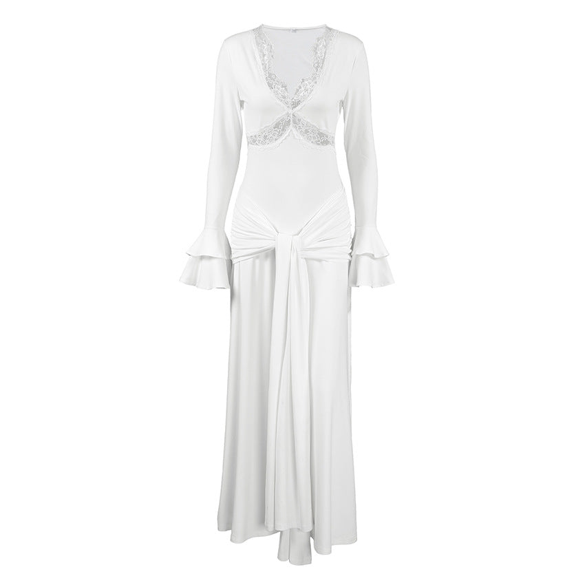 Spring Women Elegant Dress Elegant Design Sexy Lace Stitching Slim Fit Maxi Dress