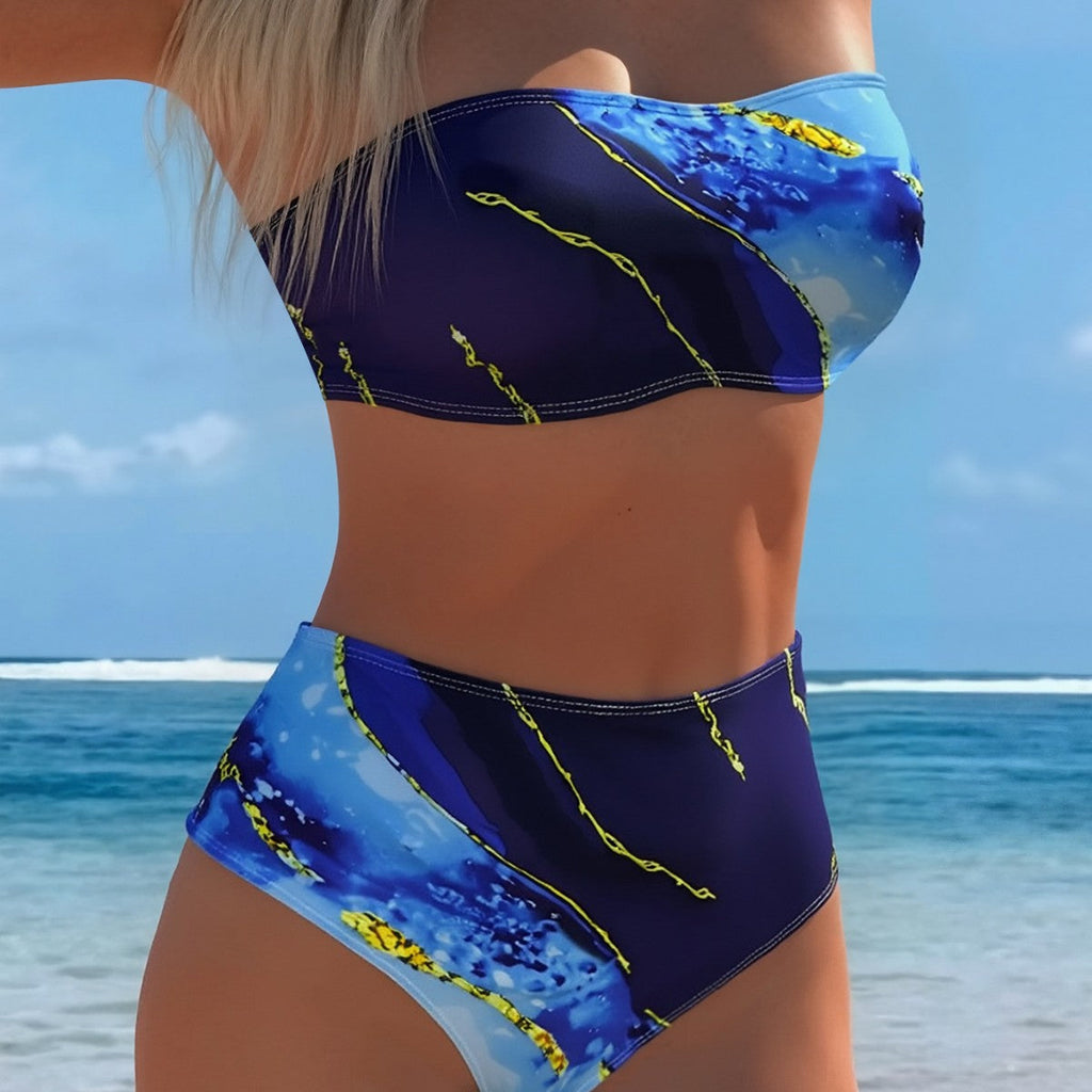 Bikini Abnehmbarer Schultergurt Farbverlauf Drucken Hohe Taille Sexy Geteilter Bikini Badeanzug Damen