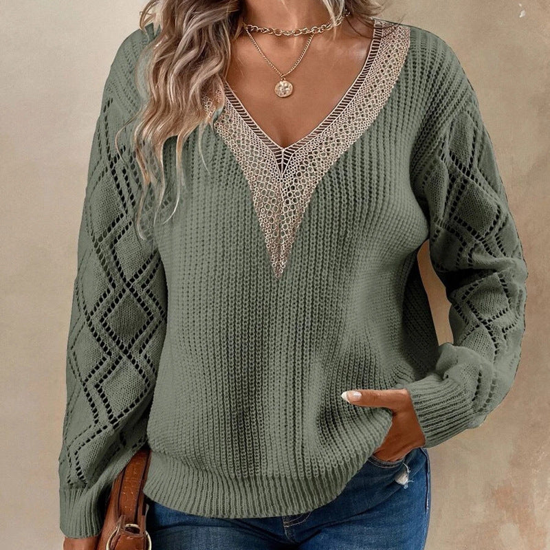Frühling Herbst V-Ausschnitt Pullover Locker Freizeit Strickpullover Damenstrickmode