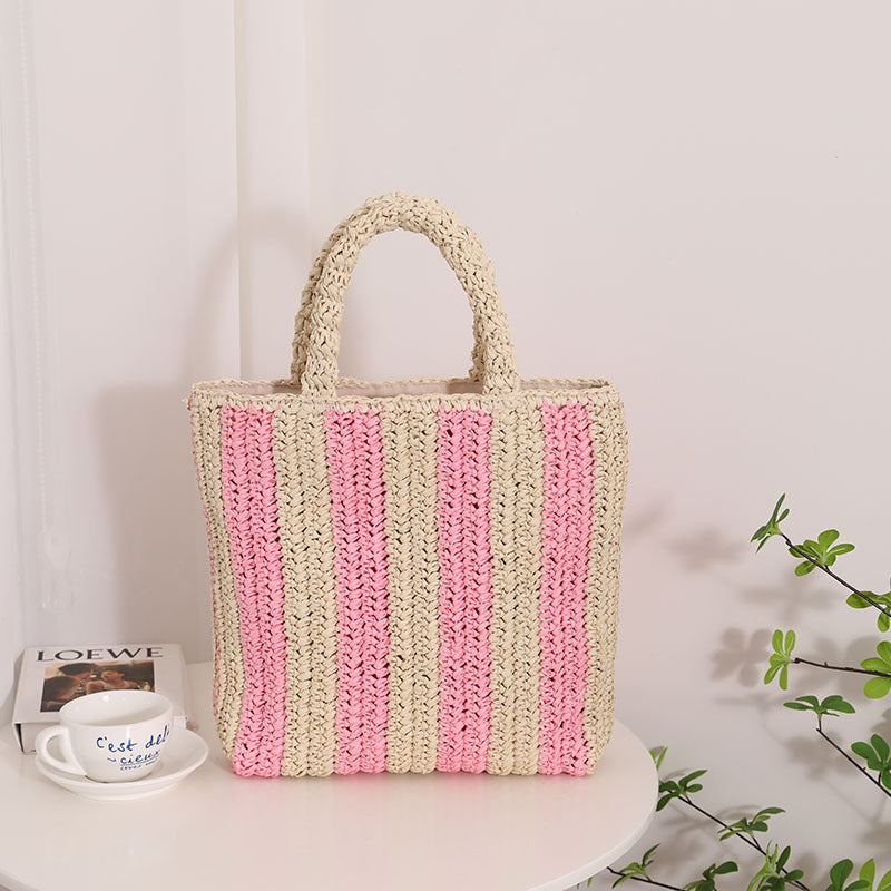 Vertikal gestreifte französische Strohtasche Tragbare Strohtasche mit Kontrastfarben Gewebte Tasche Damenhandtasche Strandtasche für den Urlaub