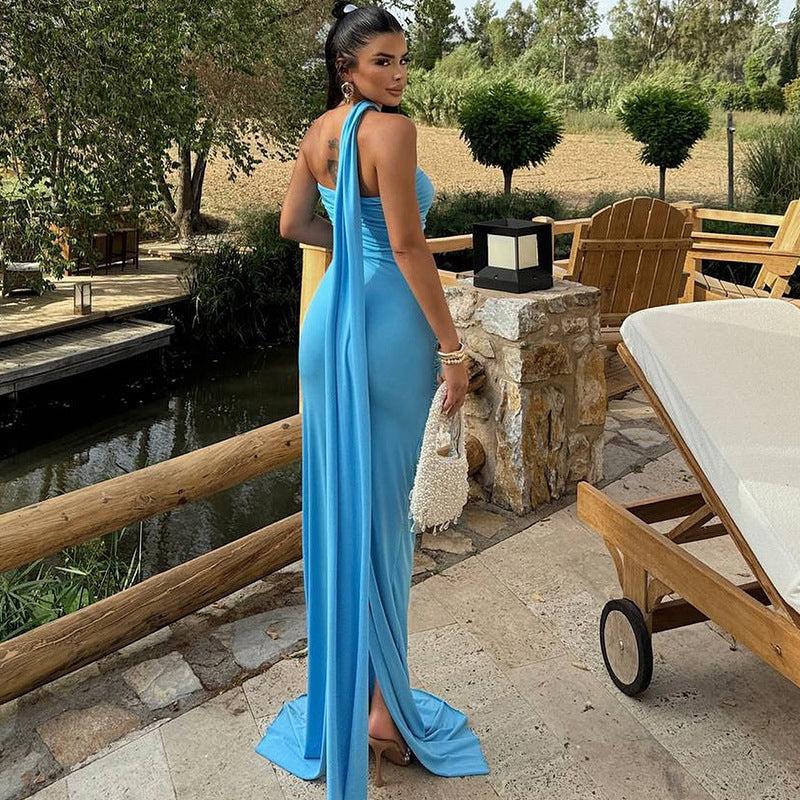 Robe longue dos nu sexy unie fendue avec ruban pour femme