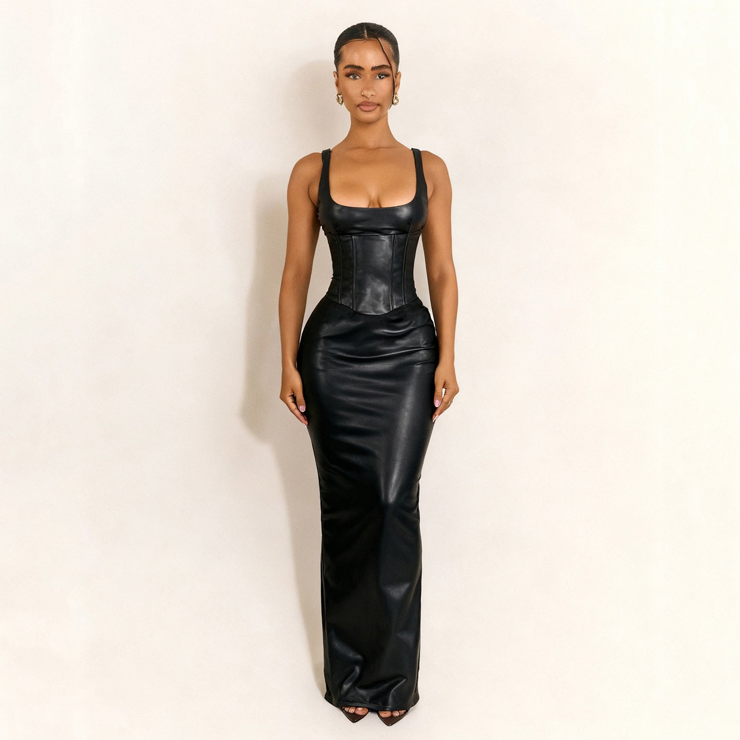 Damenbekleidung quadratischer Kragen tiefer Ausschnitt Kordelzug schmale Passform Lederkleid sexy Scheide geteiltes Kleid