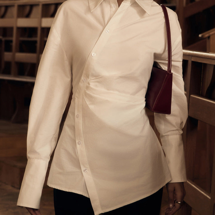 Chemisier en coton blanc à col et manches longues pour femme, avec design croisé, cardigan asymétrique irrégulier