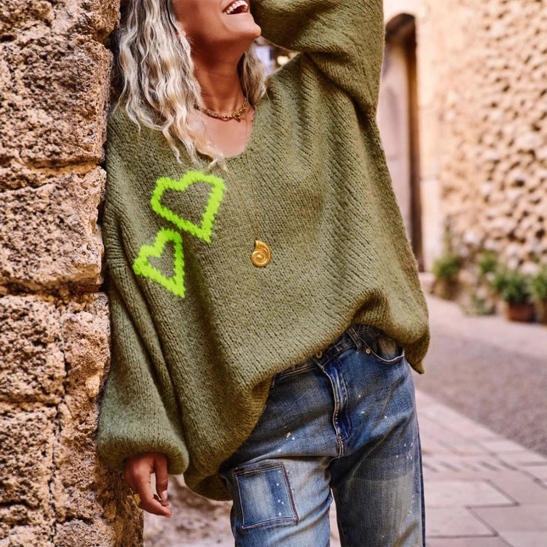 Pull col en V à motif d'amour automne hiver pour femme, décontracté, ample, à manches longues