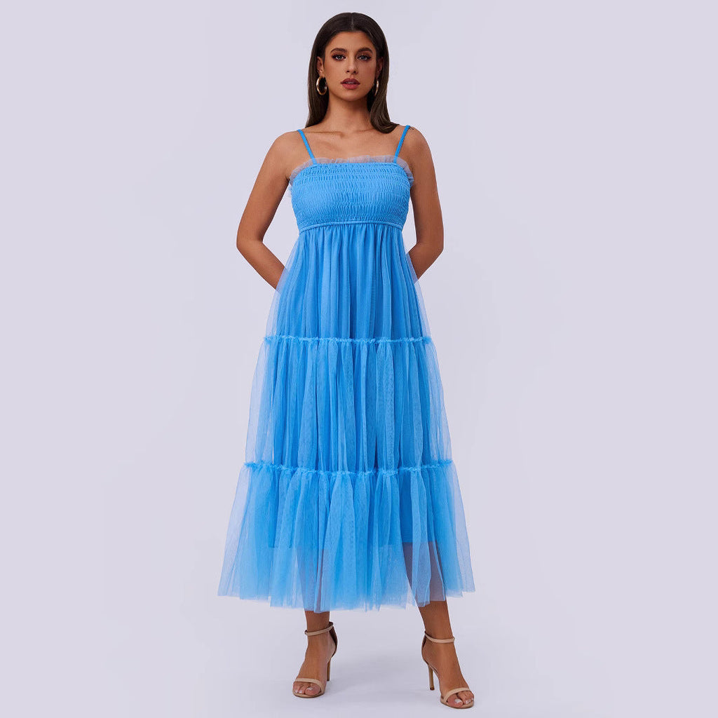 Damenkleidung Sling Plissiertes Mesh-Patchwork Flauschiges Kurzarmkleid