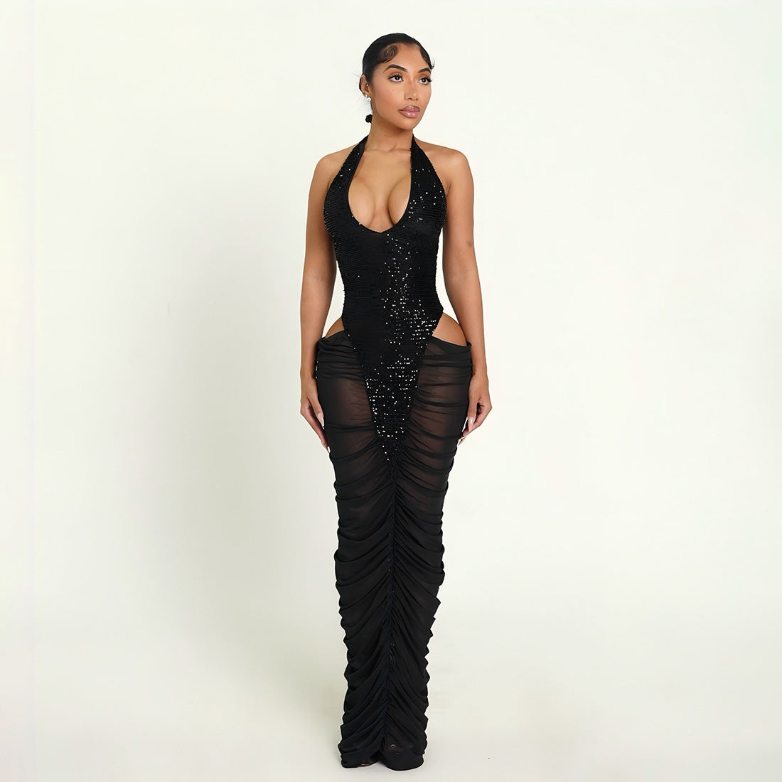 Herbst Winter Damenbekleidung Modisches Pailletten-Patchwork Sexy Mesh Transparenz Rüschenhüftkleid