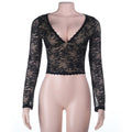Herbst sexy durchbrochener Cutout V-Ausschnitt Spitzen-Bodysuit