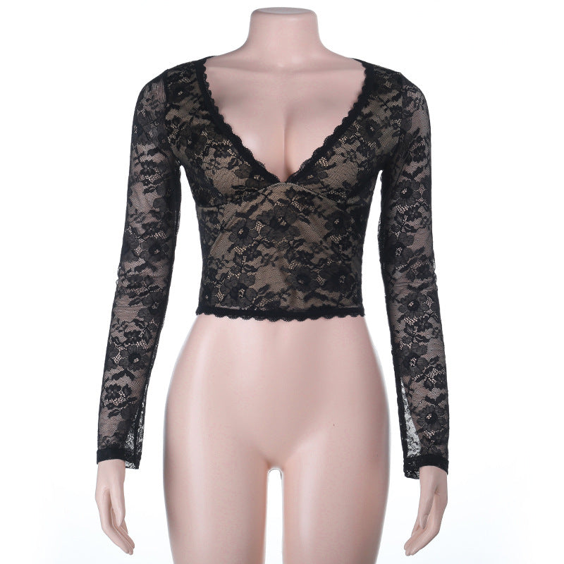 Herbst sexy durchbrochener Cutout V-Ausschnitt Spitzen-Bodysuit