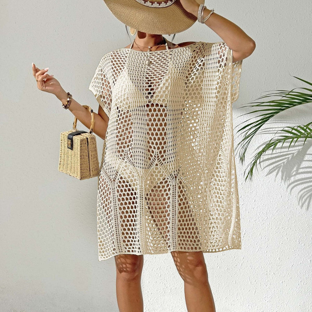 Damen Urlaub Bluse Damen Sexy Gewebte Hohl Ausgeschnittene Cut-out Off Shoulder Bikini Überkleid Strandkleid