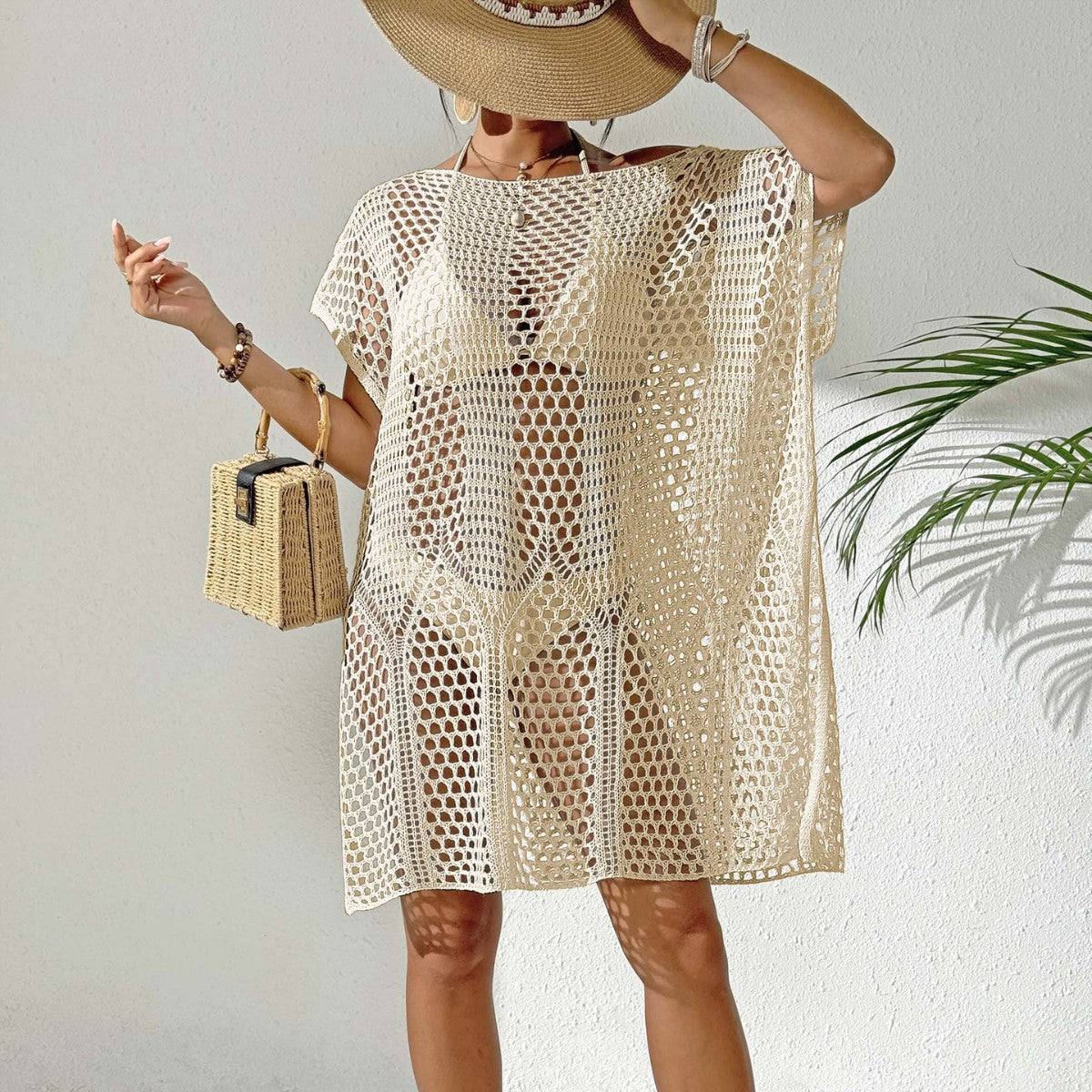 Damen Urlaub Bluse Damen Sexy Gewebte Hohl Ausgeschnittene Cut-out Off Shoulder Bikini Überkleid Strandkleid