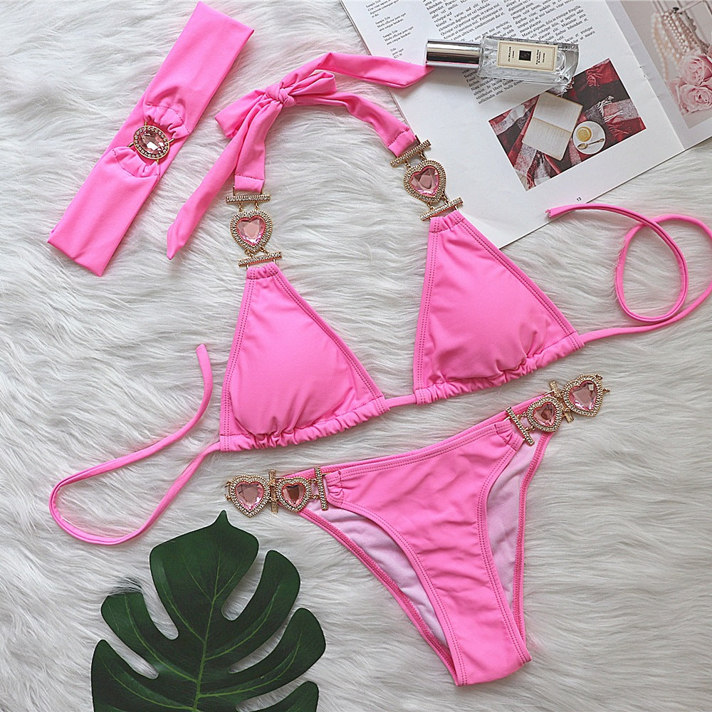 Sexy Luxus Kristall Diamant Bikini Einfarbig Damen Split Bandage Badeanzug Metall Accessoires Badeanzug