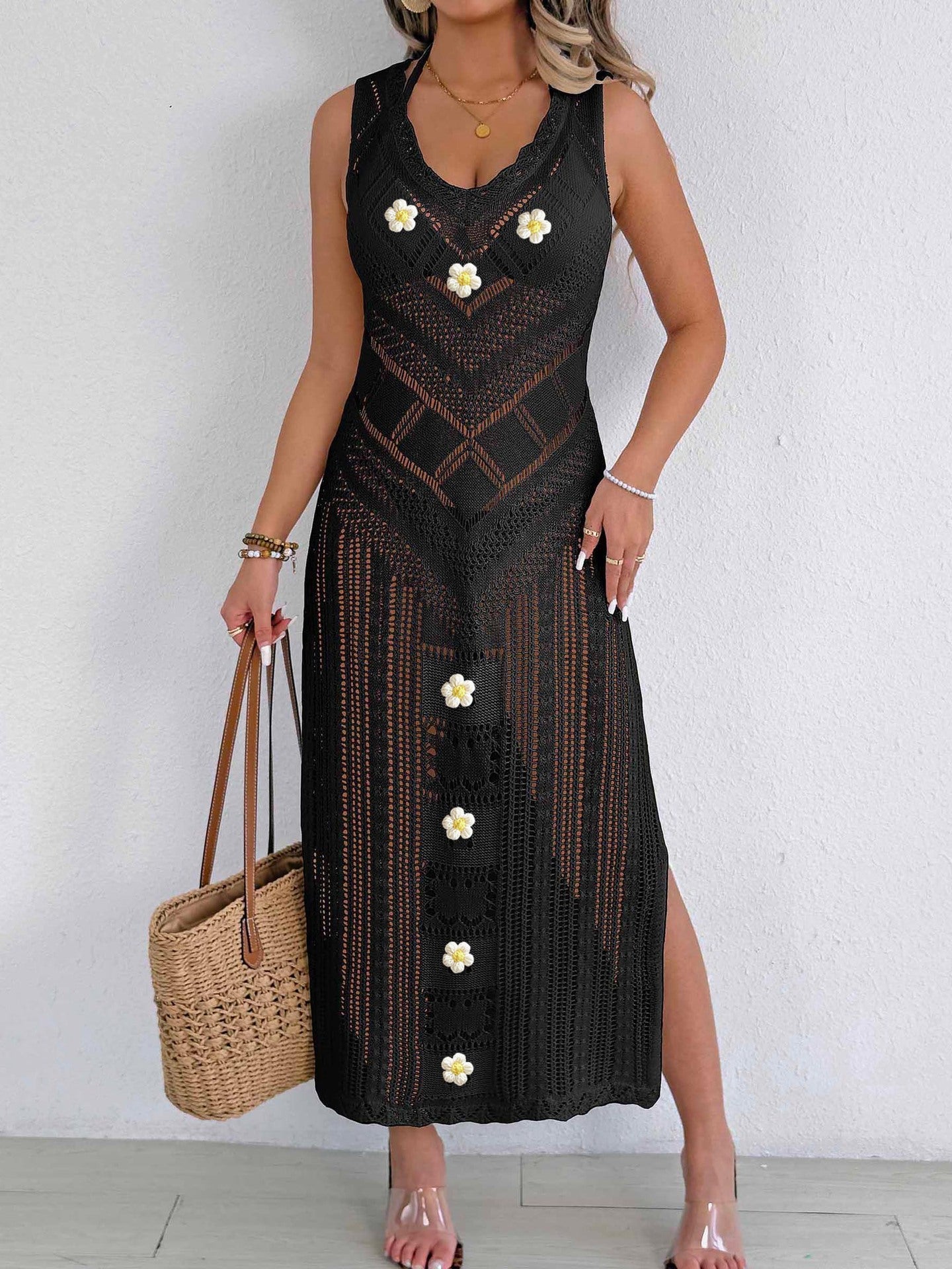 Strand Beach Cover Up Damen Sexy Cutout Gewebtes Hemdkleid Weste Handgehäkelte Nähte Urlaubskleid