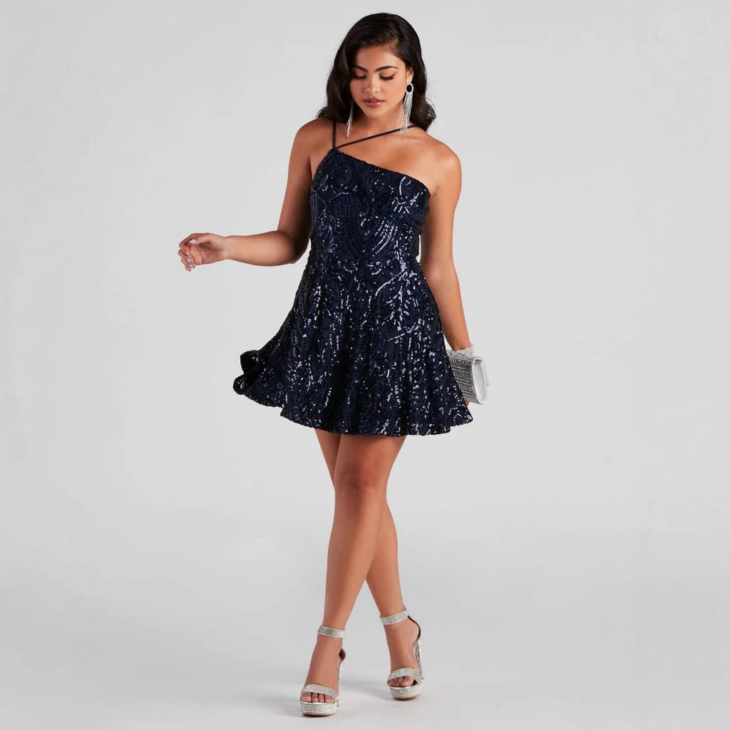Robe d'été sexy à paillettes asymétrique pour soirée en boîte de nuit