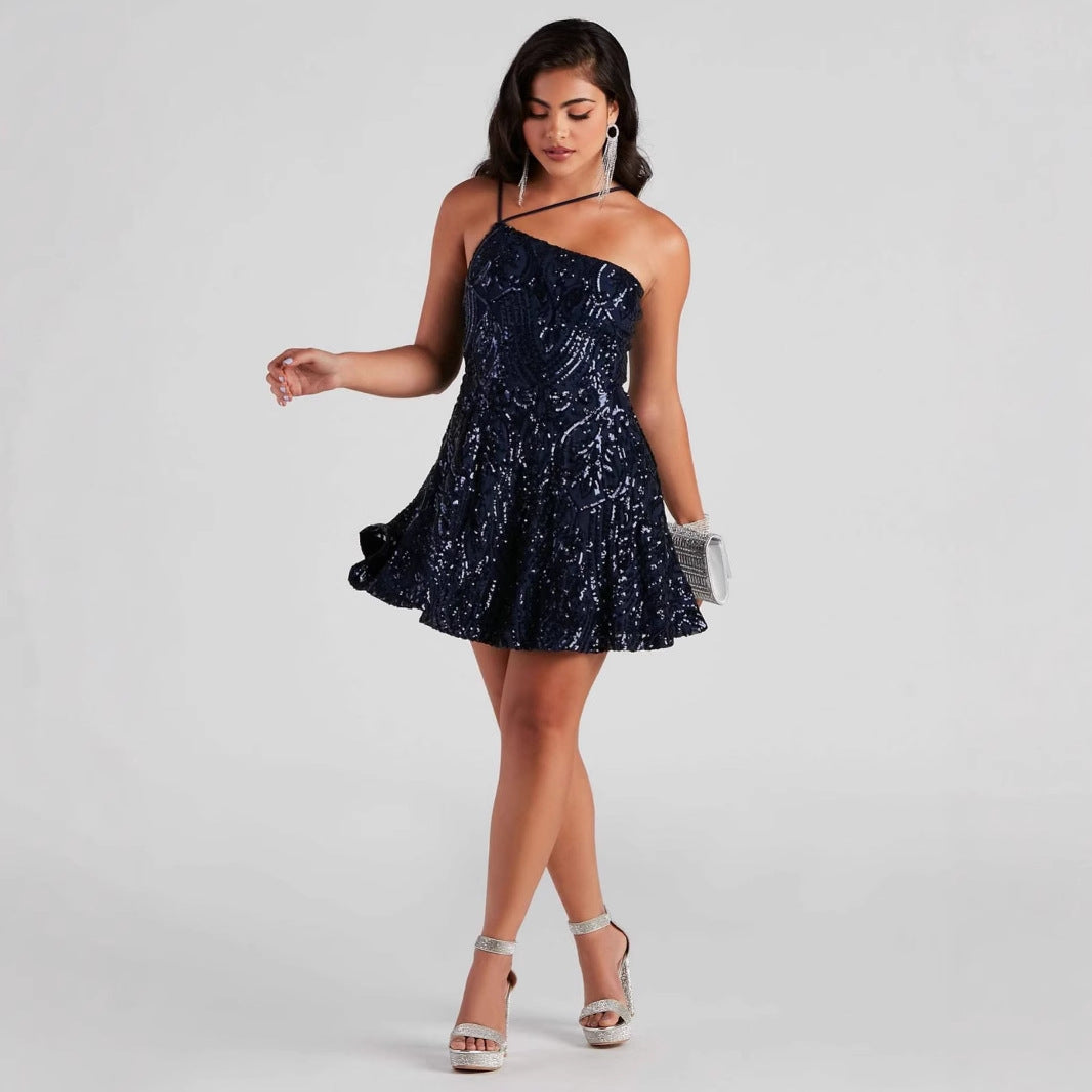Robe d'été sexy à paillettes asymétrique pour soirée en boîte de nuit