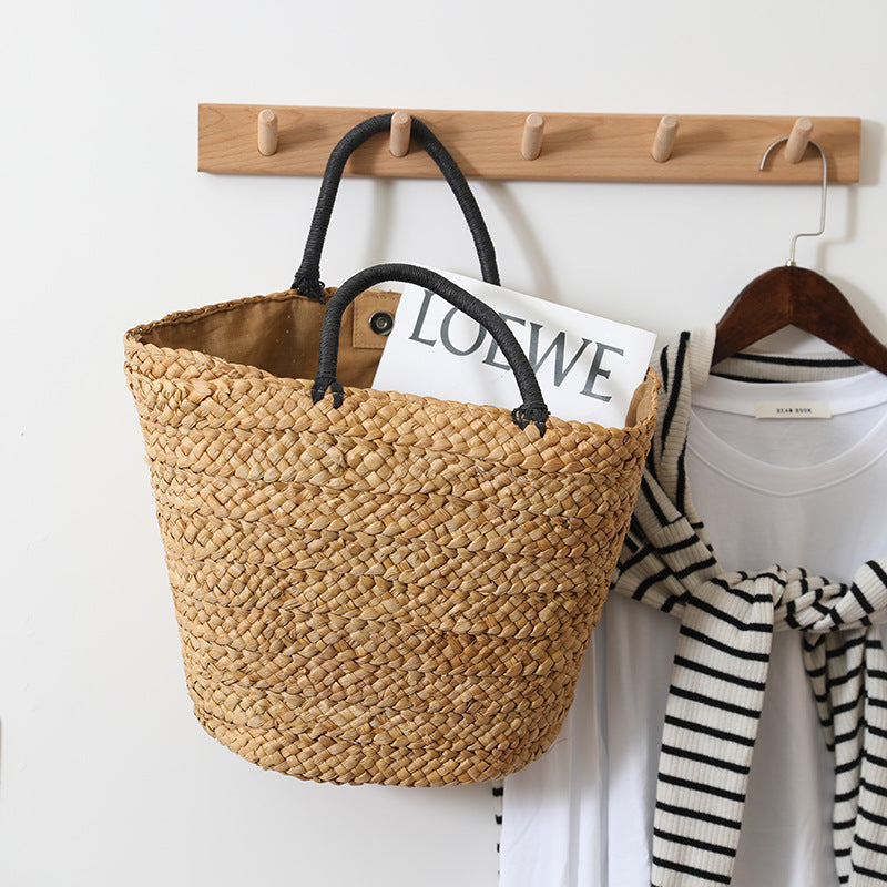 Grand sac de paille Grande capacité Sac de plage pour femmes en herbe naturelle tissée à la main simple et portable