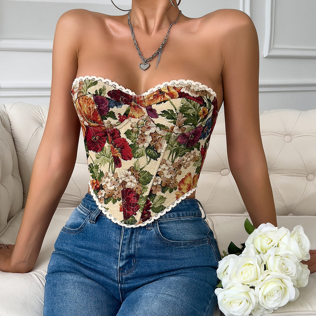 Haut Corset Gilet à Lacets Ajusté à Volants Imprimé Floral Rétro avec Baleines Style Minorité Française
