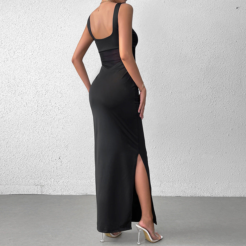 Robe longue en soie de lait avec mailles cousues, sexy, fendue, dos nu, robe de soirée