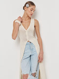 Cardigan femme fin décolleté en V, long sans manches, fendu, boutonné