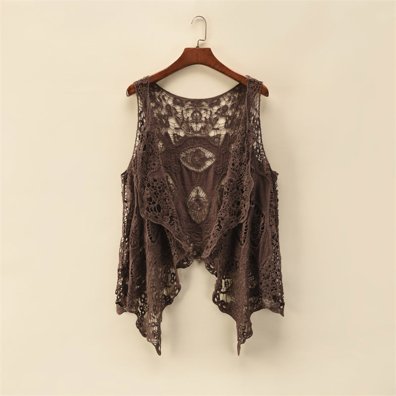 Damen-Sommermantel, dünner Mantel, ärmelloser Spitzen-Cardigan, vielseitiger Schal, Strandbekleidung, Sonnenschutz, Damen-Shirt mit Hohl- und Cutout-Design