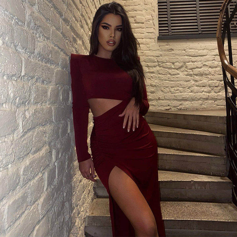 Elegantes Damen-Kleid, Rundhals, Langarm, durchbrochen, Cut-Out, geschlitzt, Rot, Retro, schmal geschnitten, sexy