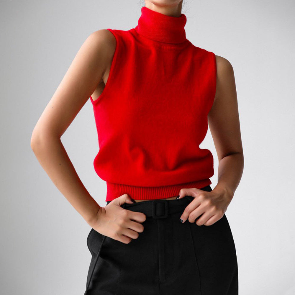 Gestrickte ärmellose Weste Herbst Rollkragen-Weste Pullover Minimalistische Weste Oberteil Damen