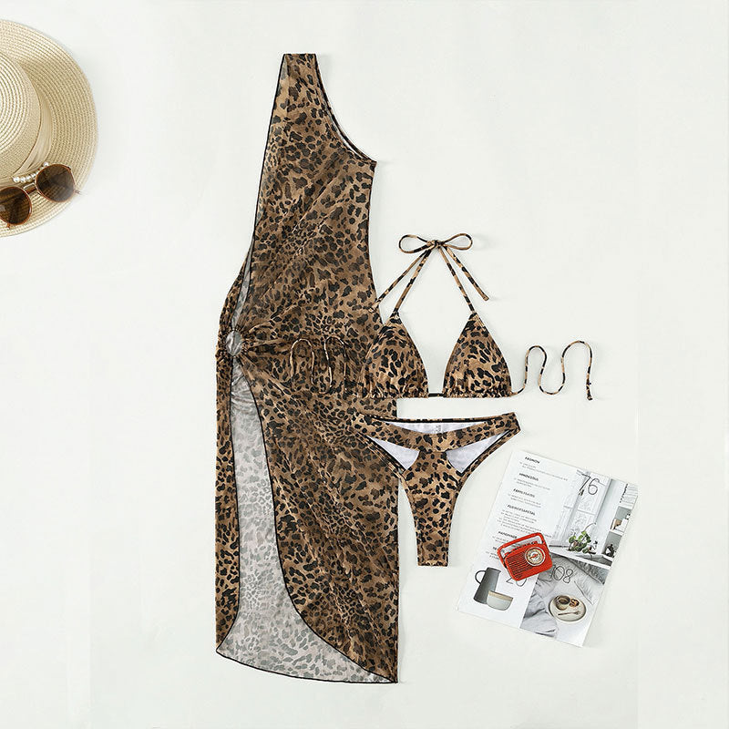 Sexy Leopardenmuster One-Shoulder High Waist Dreiteiler Mesh Maxikleid Badeanzug Bikini