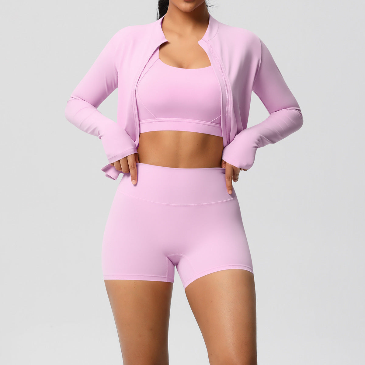 Einfarbiger Cloud Sense Yoga-BH, Sportmantel, Pilates-Laufshorts, Fitness-Yoga-Bekleidung, dreiteiliges Set für Damen
