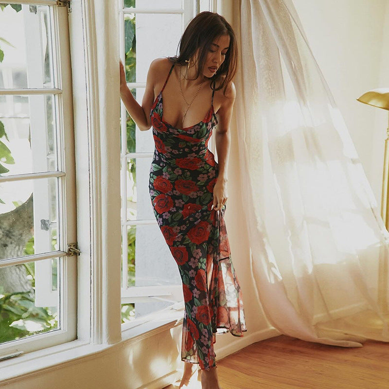 Frühlingshaftes, modisches, sexy V-Ausschnitt, elegantes, vielseitiges, schmal geschnittenes, langes bedrucktes Camisole-Kleid für Damen
