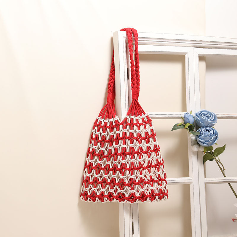 Sac de Plage en Paille Tressée d'Été avec Motif à Lacets, Idéal pour les Vacances à la Plage des Femmes