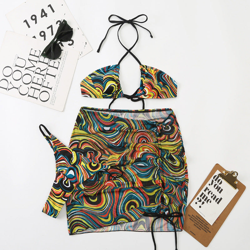 Mesh Women Split Strap Triangle Sexy Bikini Halter Swimsuit