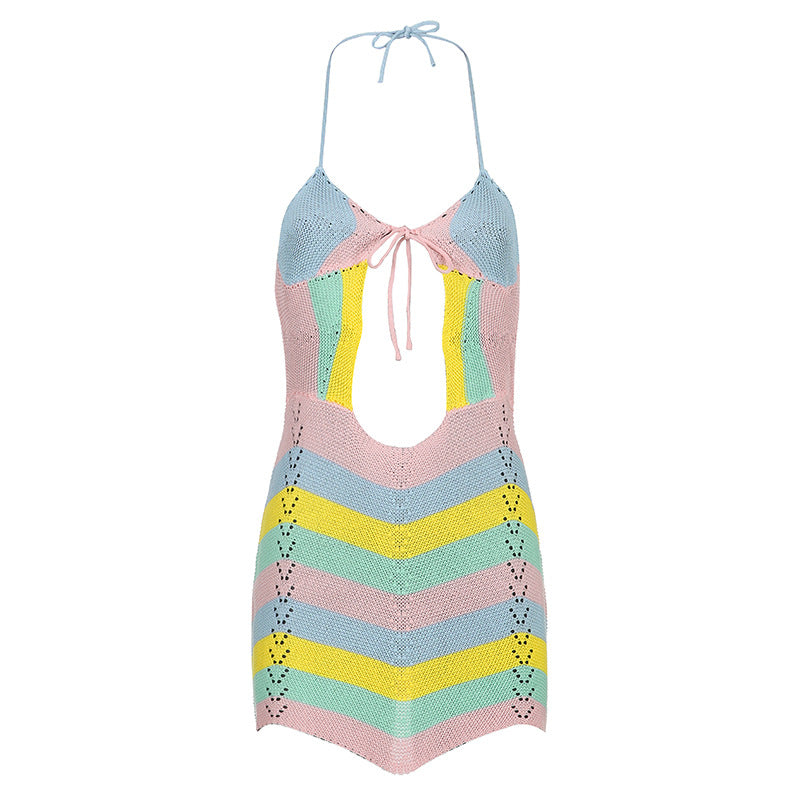 Robe Courte en Laine Sexy à Rayures Ondulées Contrastées pour Femme, Dos Nu à Bretelles Licou avec Découpes Évidées au Niveau de la Poitrine