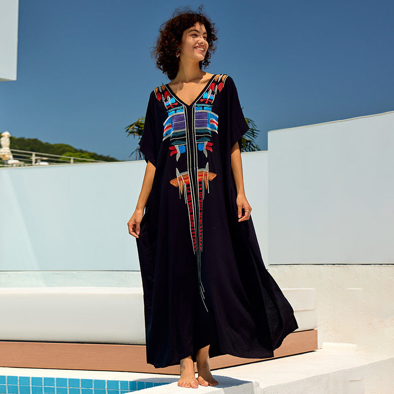 Besticktes, locker geschnittenes Maxikleid aus Rayon, Strandjacke, Urlaubsmantel, Strand-Cover-Up