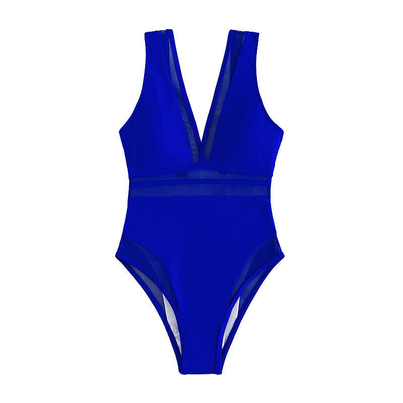 Einfarbiger Spun-Garn Einteiler Damen Tiefer V-Ausschnitt Sexy Frühlings-Bademode