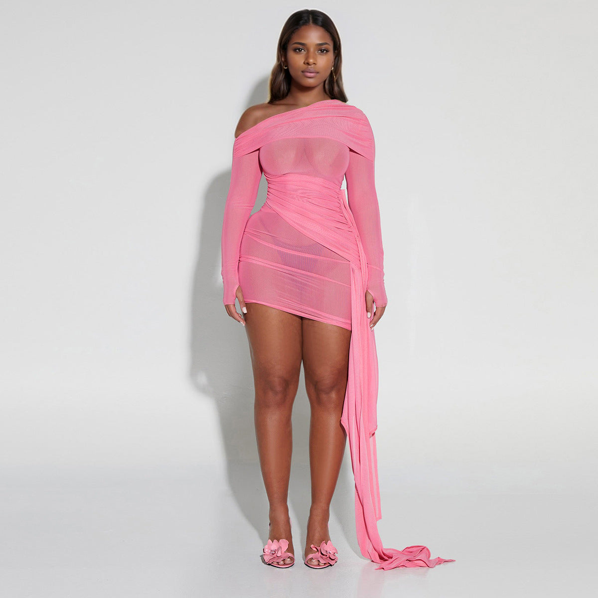 Printemps-Été Robe plissée sexy pour femme, col dénudé, dopamine sexy