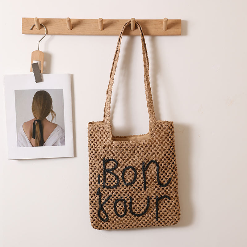Buchstaben-Grafik-Stickerei One-Shoulder-Strohtasche Ausgehöhlte Strohtasche Gewebte Tasche Urlaub Strandtasche Damentasche