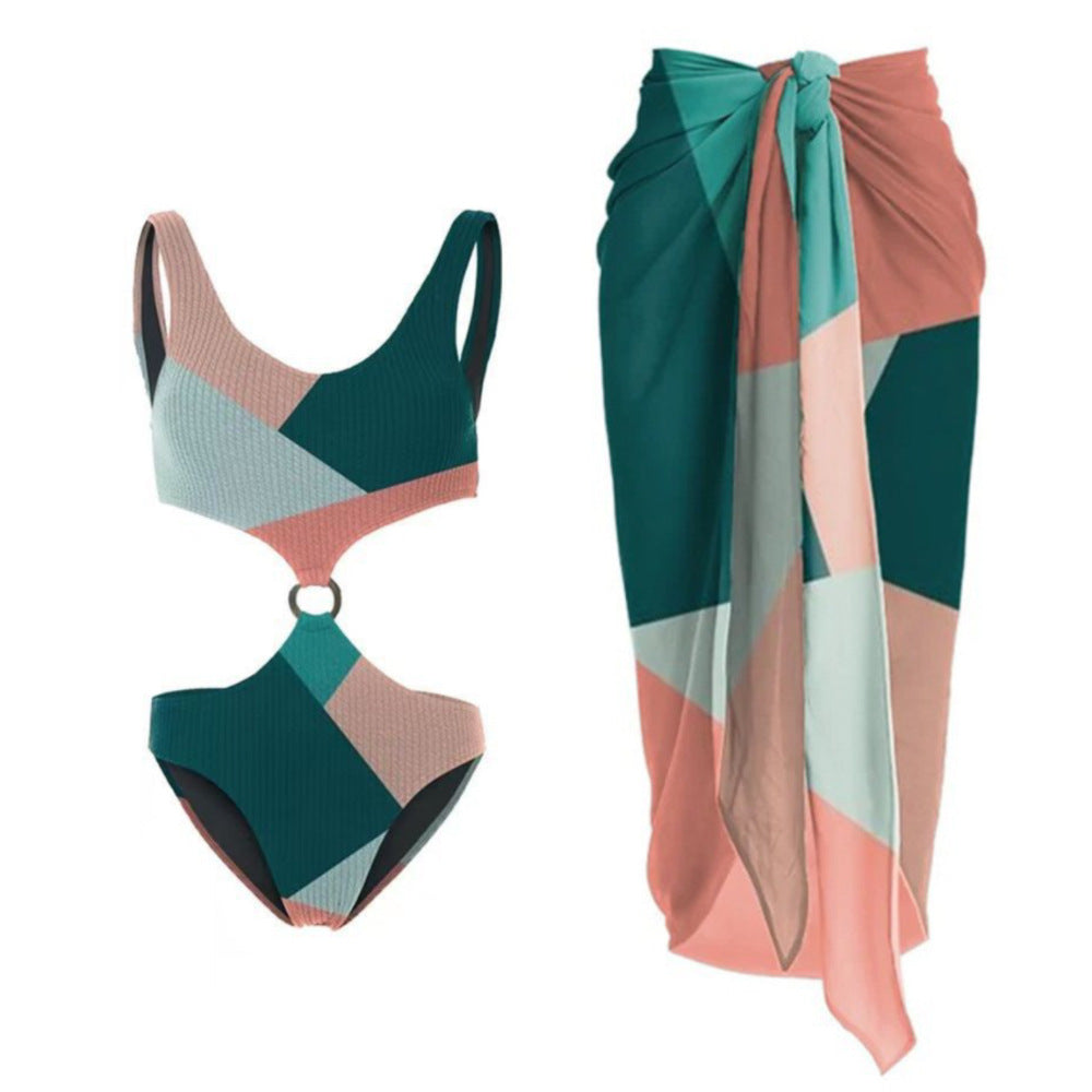 Maillot de Bain Une Pièce Contraste Bikini Deux Pièces Jupe en Gaze Tissée Wishi Maillot de Bain de Vacances