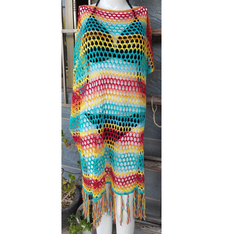 Gestrickte Farbstreifen Quaste Strandkleid Sexy Hohl Ausschnitt Strand Sonnenschutz Kleidung Strand Vertuschung Häkeln