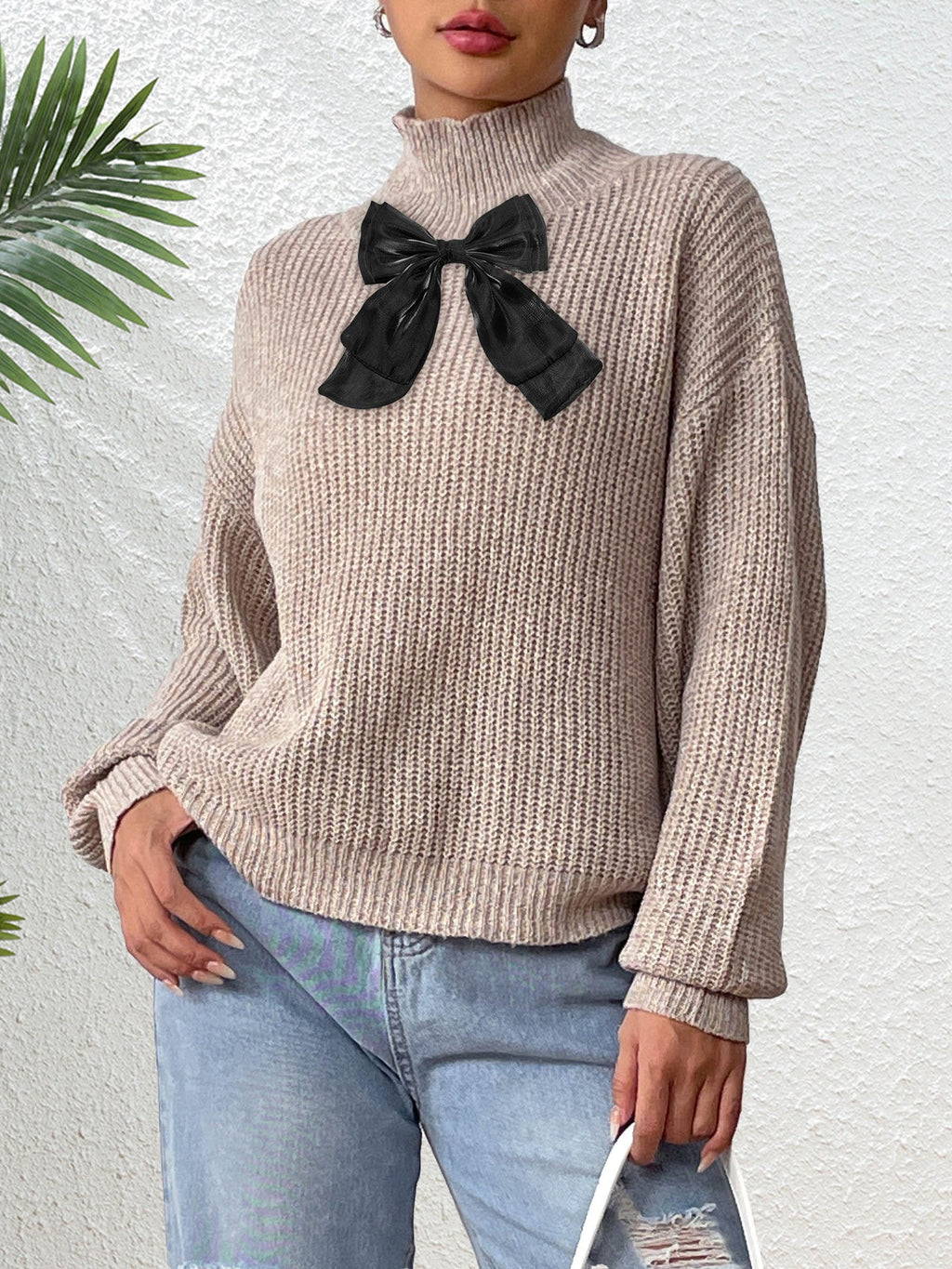 Haut Femme Col Roulé Semi-Transparent Pull Noir Maille Nœud Fleuri Velours Patchwork Automne Hiver Sous-vêtement