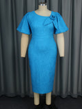Asymmetrisches Kragenkleid mit Puffärmeln, elegant, Jacquard, hohe Taille